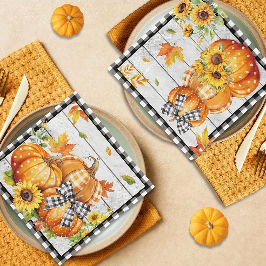 48Pcs Fall Pumpkin Paper Napkin,Fall Party Decorations Autumn Thanksgiving Party Napkin Black and White Buffalo Plaid Pumpkin Table Decorations for