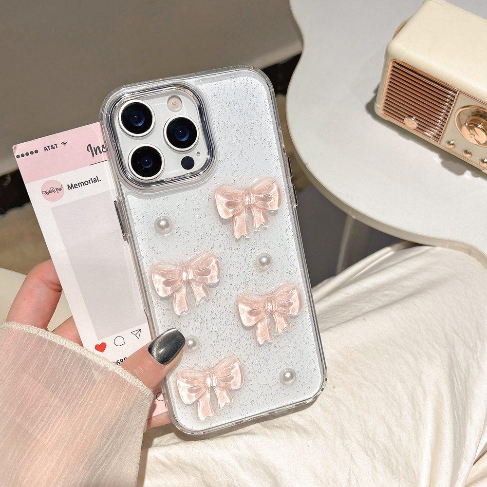 Korean Cute 3D Pink Bowknot Pearl Clear Phone Case For 16 15 14 13 12 11 Pro Max 16 Plus Shockproof Transparent Cover