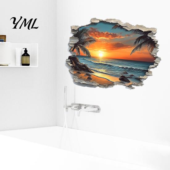 Customizable Scenery Wall Stickers 3D Beach Sticker, Sunset Coconut Tree Mural, PVC Waterproof Decal, Large Mural for Living Room Removable Art Decor