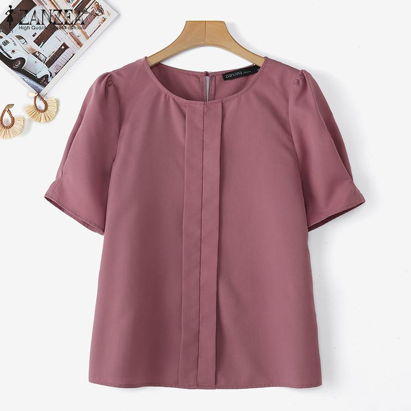 ZANZEA Women Casual Round Neck Solid Color Short Sleeve Blouse