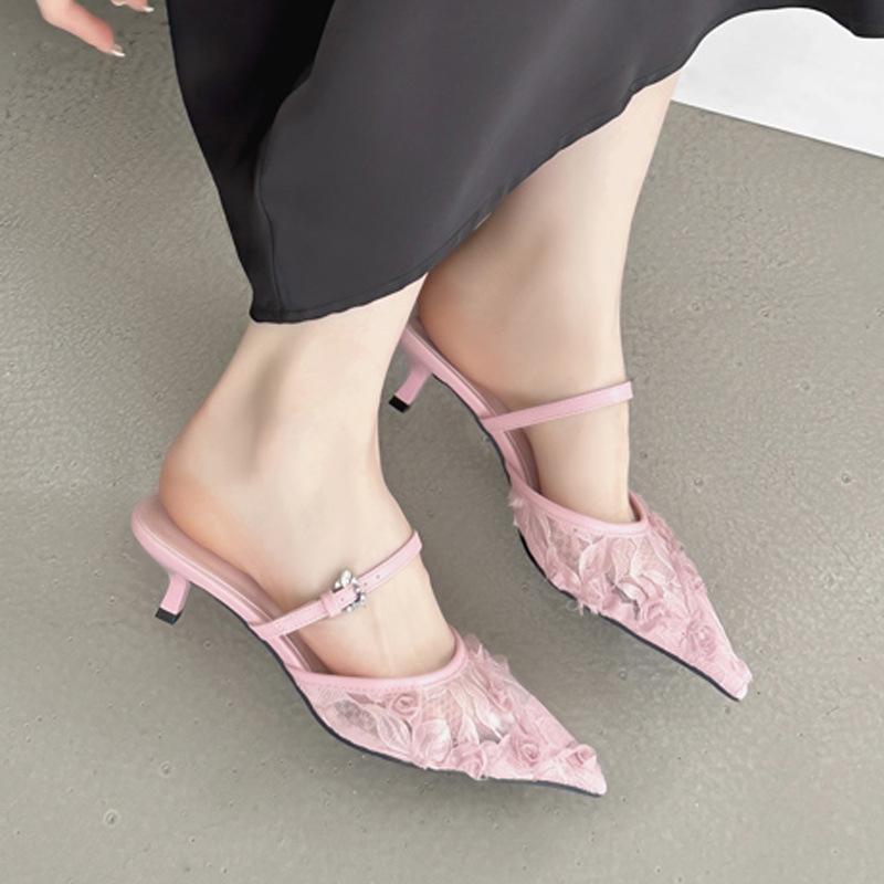 Остроносые кружевные туфли-шлепанцы на высоком каблуке, новые черные дышащие сетчатые босоножки-стилетто с юбкой, женская обувь