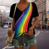 Women's V-Neck Short Sleeve Rainbow Orbit Printed Tops Loose T-Shirt Casual Blouse