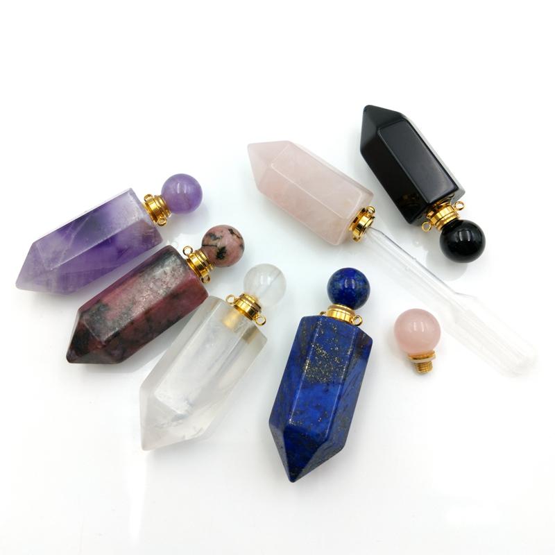 Natural Gemstone Hexagon Prism Point Bottle Pendant Necklace Chakra Original Crystal Quartz Perfume Bottle Pendant