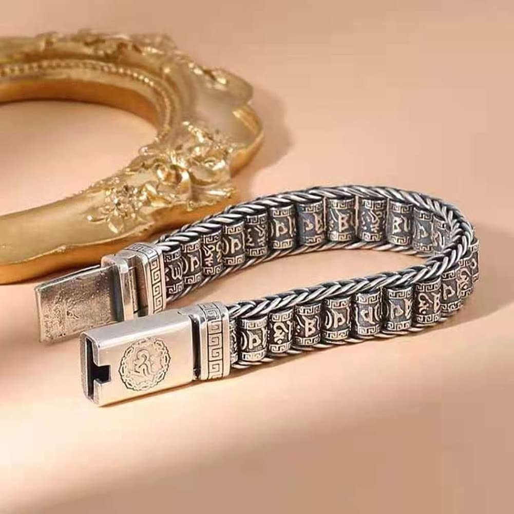 Rockyu Silver Mantra Roller Bracelet with Chinese and Heart Sutra Protection from Good and Fashion Accessory Men's Hui-mo (Curve) Design, Six-Syllable