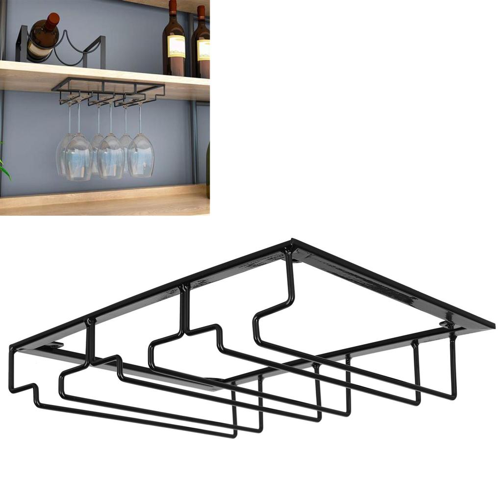 Wine Glass Rack Under Cabinet Stemware Holder Storage Hanger Metal Organizer for Bar Kitchen3 Slot 30x22.5cm Black