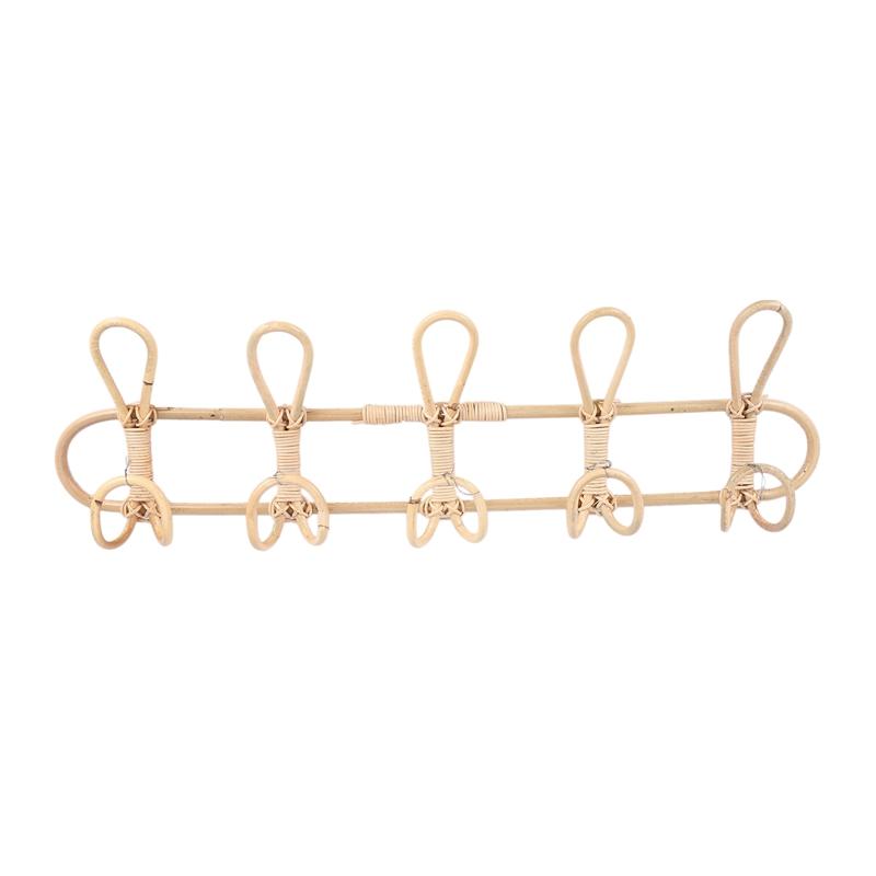 Rattan Wall Hooks 5 Hooks Kids Garments Organizer Rack Clothes Hat Hanging Hook Rattan Hanger Kids Room Decor Hanger