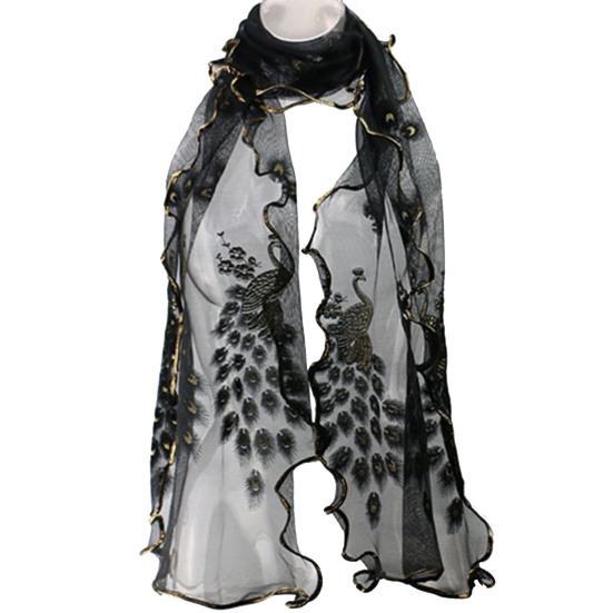 Women Fashion Peacock Flower Embroidered Lace Scarf Long Soft Wrap Shawl Stole