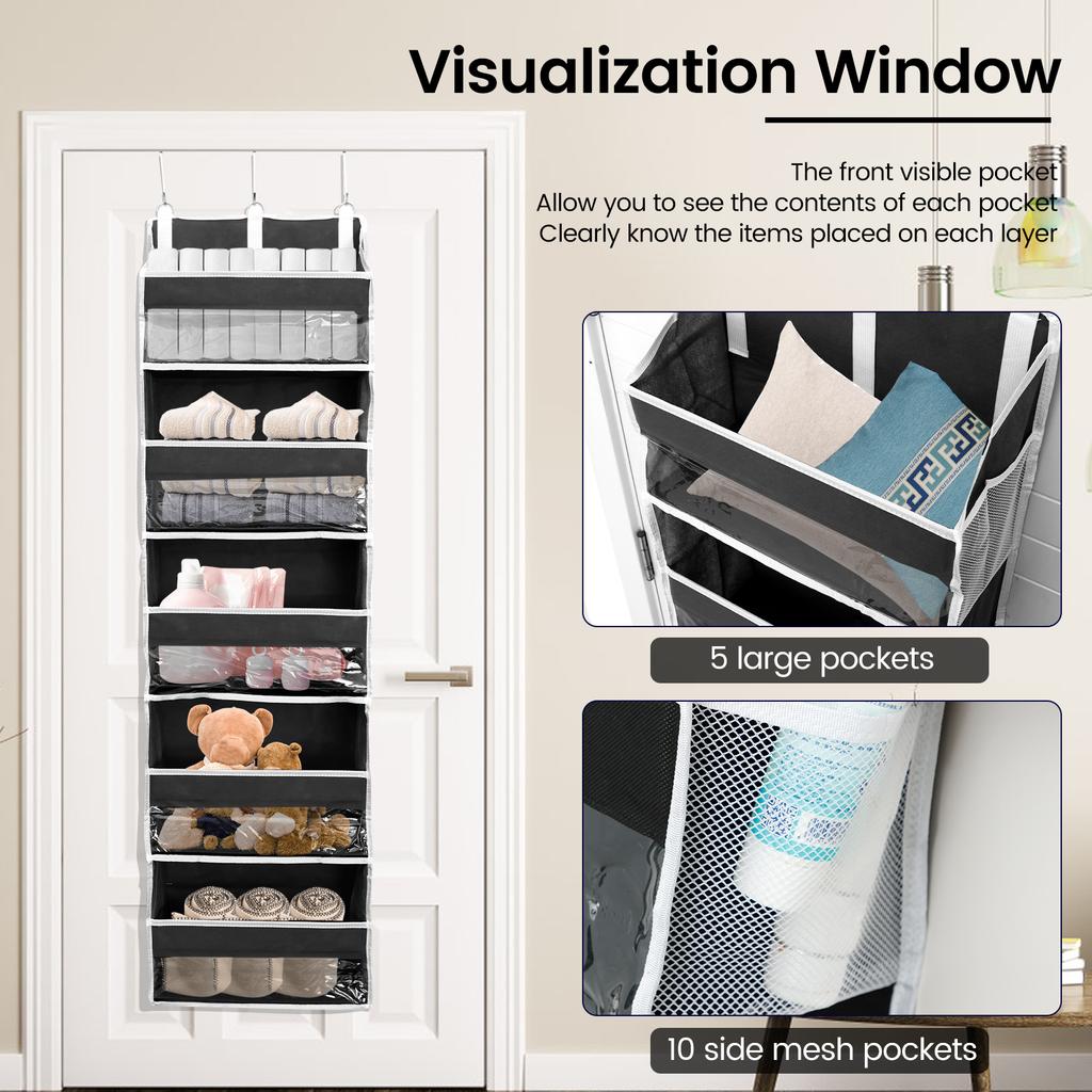 Over The Door Hanging Organizer with 5 Large Pockets and 10 Side Mesh Pockets for Bathroom and Bedroom Back of Door Organizers