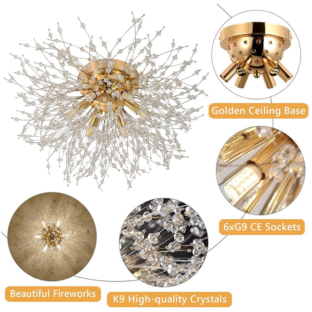 Modern Crystal Chandeliers Ceiling Light, Fireworks Chandelider, Gold Crystals Ceiling Lights, 6 G9 LED, For Living Room, Bedroom, Dining Room