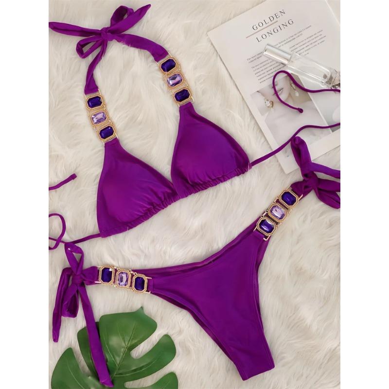 Сексуальный комплект бикини со стразами Женский 2025 Роскошный розовый с кристаллами и бриллиантами Пуш-ап Бандажный купальник стринги Пляжный купальник Купальник