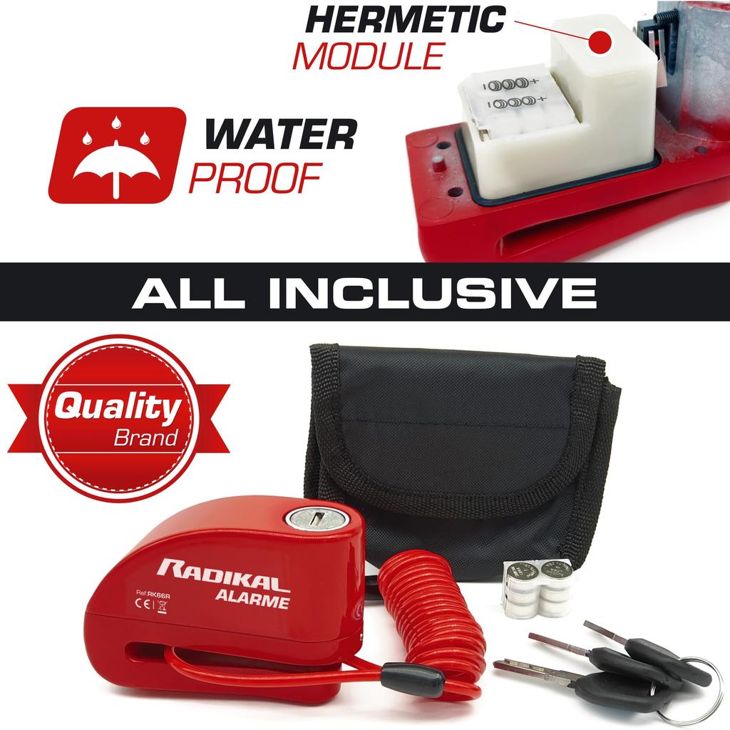 RADIKAL RK66R 110 дБ сигнализация мотоцикл замок, дисковый тормоз замок для мотоцикла скутера электрический велосипед, безопасность 6 мм стопорный штифт, напоминающий кабель, рюкзак