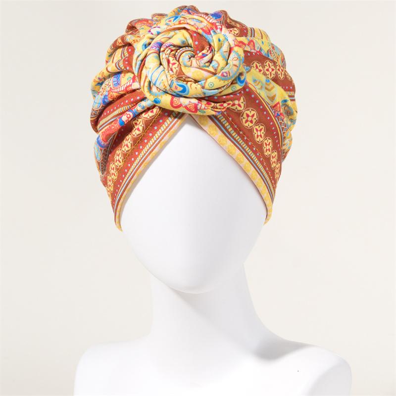 New African Print Pleated Turban Floral Beanie Pre Tied Front Knot Elastic Head Wrap Elegant Women Chemo Cap Bandana Headwear