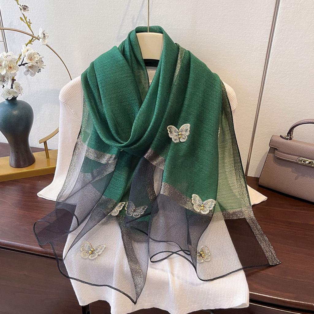 New Butterfly Embroidered Beads Fashionable Scarf for Women's Sun Protection and Windproof Temperament Shawl Thin Imitation Silk Scarf