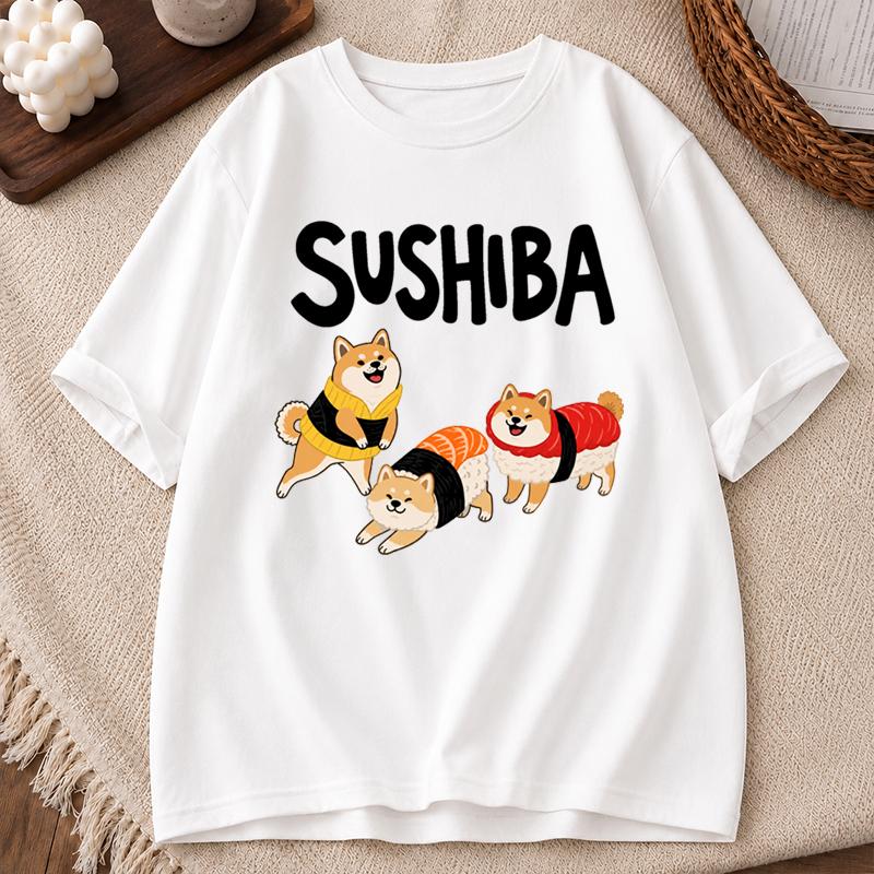 New Summer Sushi Dog Tshirt Retro Unisex And Unisex Couples Short Sleeve Loose Tshirt Funny Cartoon Dog Sushi Lover Cute Tshirt