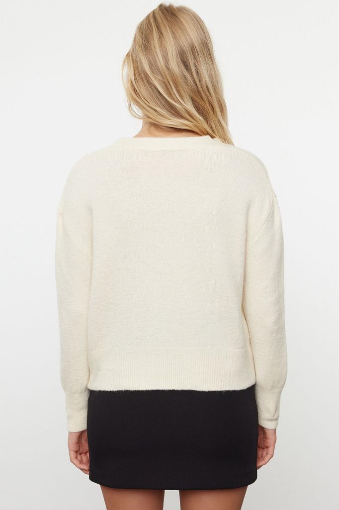 Women's Fashion Stylish Cardigan Ecru Wool Basic Crop Knitwear Cardigan