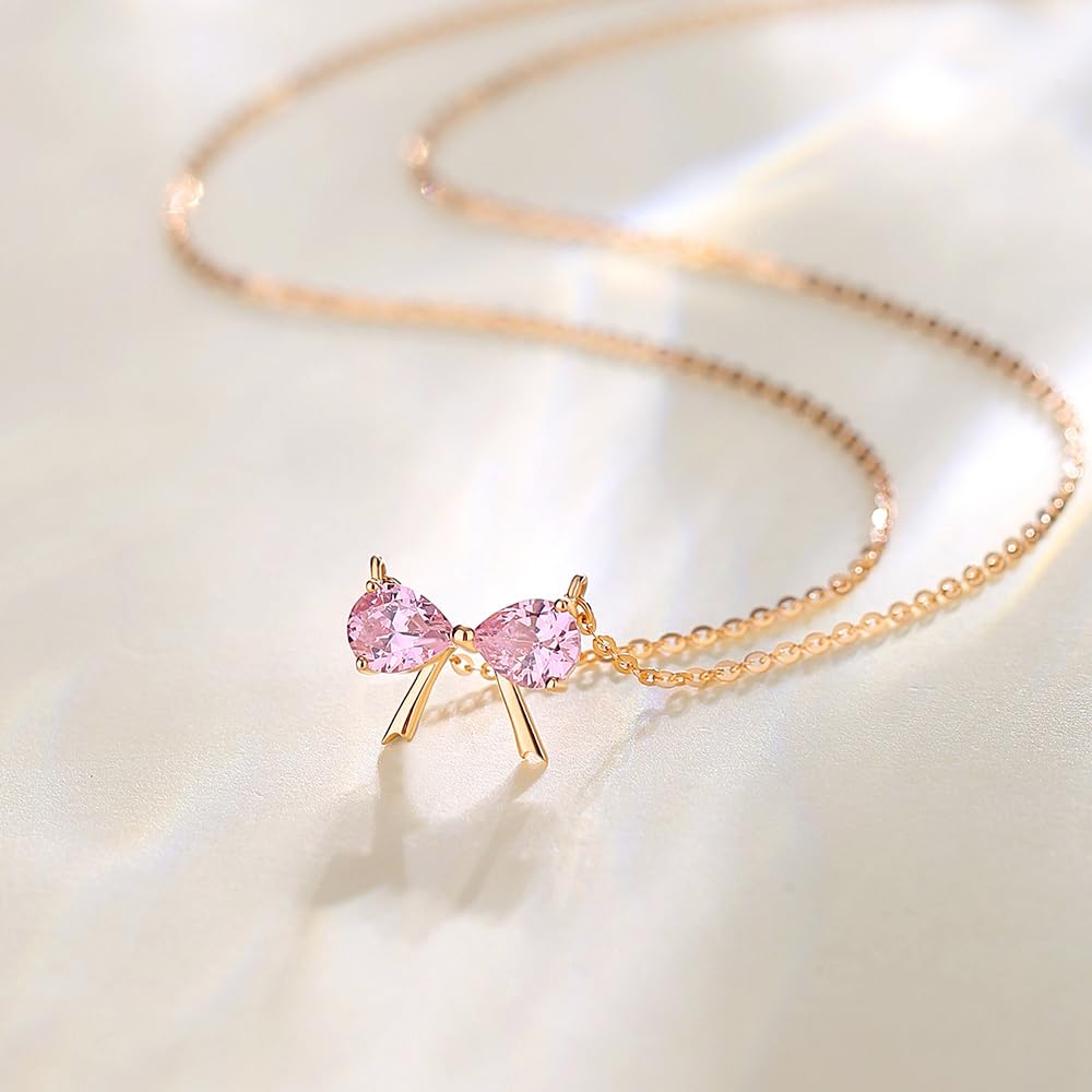 Necklace K18 Gold Ribbon Pink Picked Zirconia Pendant Bowknot Day Christmas Birthday Anniversary Wedding Women Popular Present Jewelry Gift Wrapping