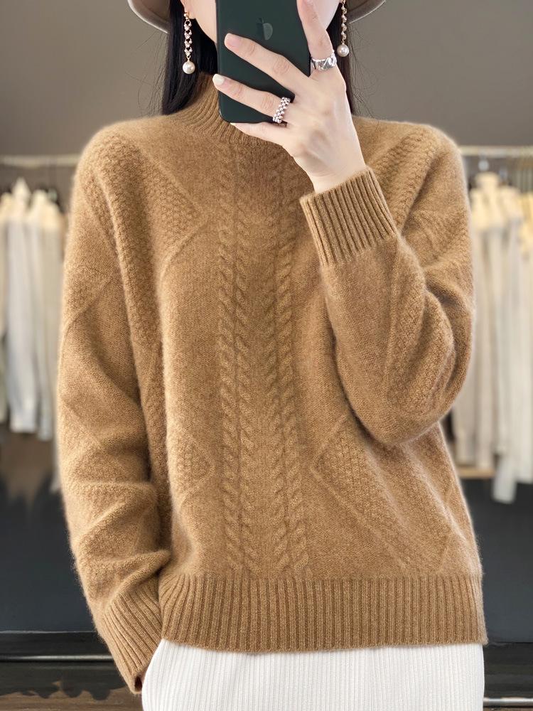 Women's Heavyweight Wool Cable Knit Sweater - Half-High Collar Loose Pullover