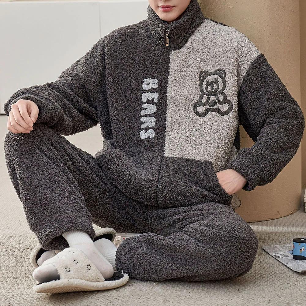 Мужская зимняя теплая пижама, пижамный комплект, мужская фланелевая пижама, домашняя одежда, бархат, коралловый бархат