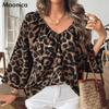 Модная рубашка весна/лето с леопардовым принтом, рубашка с коротким рукавом и V-образным вырезом, пуловер, топ