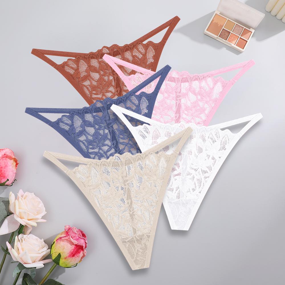 5PCS/Set Women Sexy Lace Thongs G-String T-Back Underwear Female Breathable Underpants Floral Lace Solid Color Panties S-XL