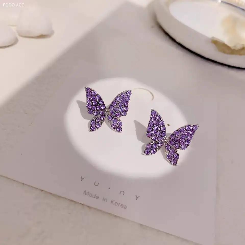 Purple Imitation Crystal Butterfly Earring for Women Cute Imitation Zircon Stud Earrings Jewelry Accessories