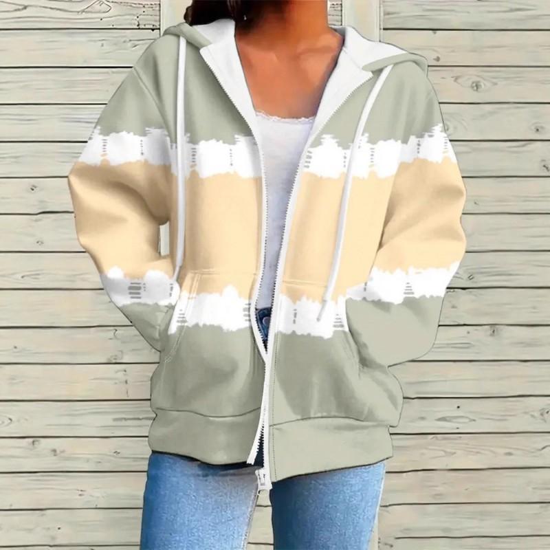Womens Hooded Zip-Up Sweatshirt With Digital Print Color-Block Design Air Layer Fabric Fall Winter Casual Wear