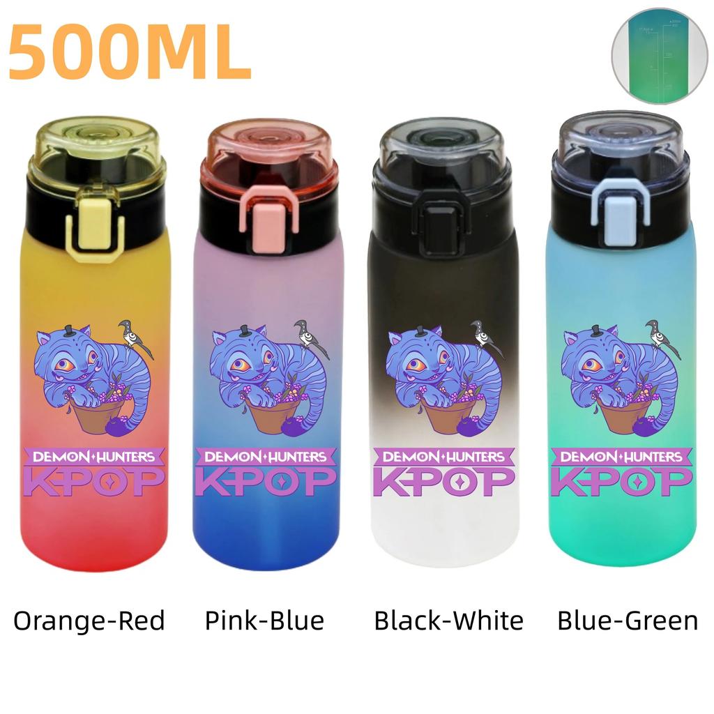 500ML KPop Demon Hunters Plastic Anime Water Cup Has Scale Travel Office Gym Hiking Portable Drink Bottles Outdoor Sport Gifts