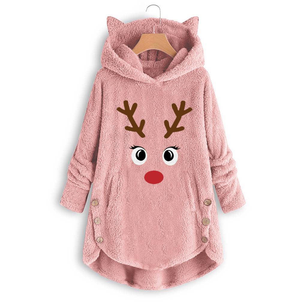 Fashion Winter Irregular Ladies Coat Christmas Embroidery Warm Button Top Plush Loose Cute Cat Ear Jacket Sweater