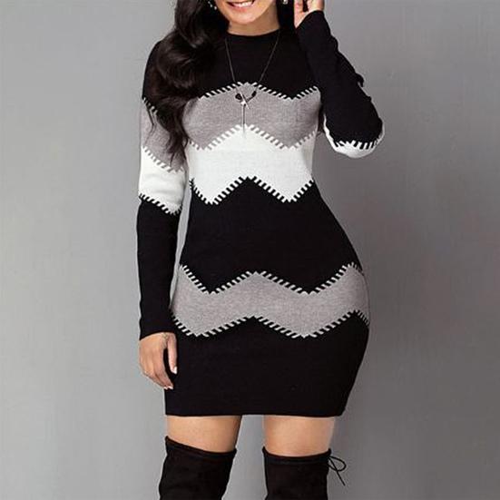 Women Autumn O Neck Long Sleeve Color Block Bodycon Warm Mini Sweater Dress