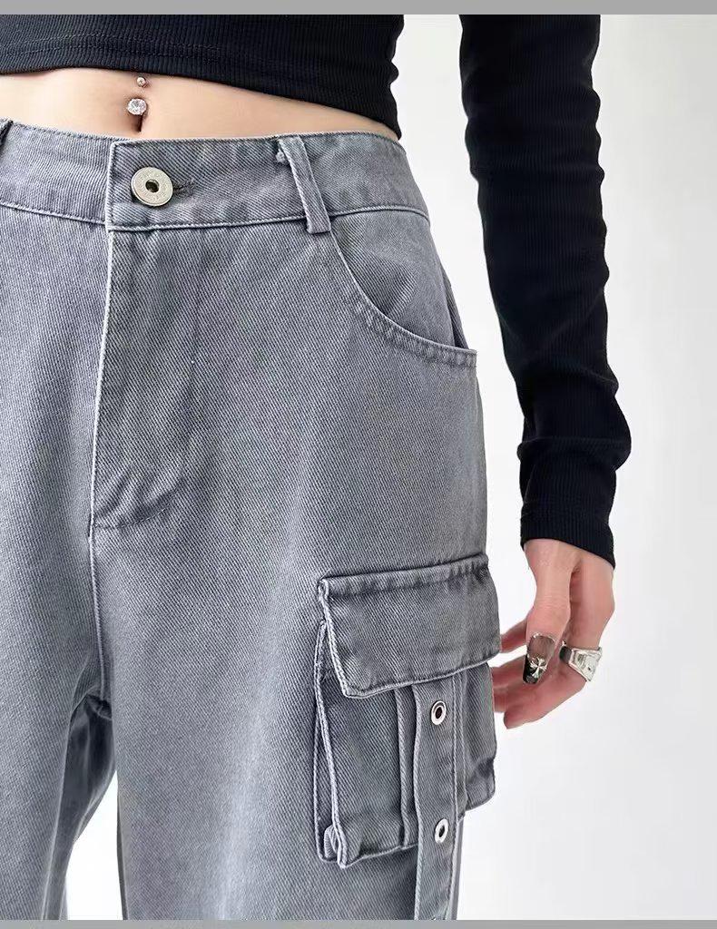 Женские джинсы карго с высокой талией - Осенние свободные, стройнящие, прямого кроя, универсальные брюки широкого кроя в пол