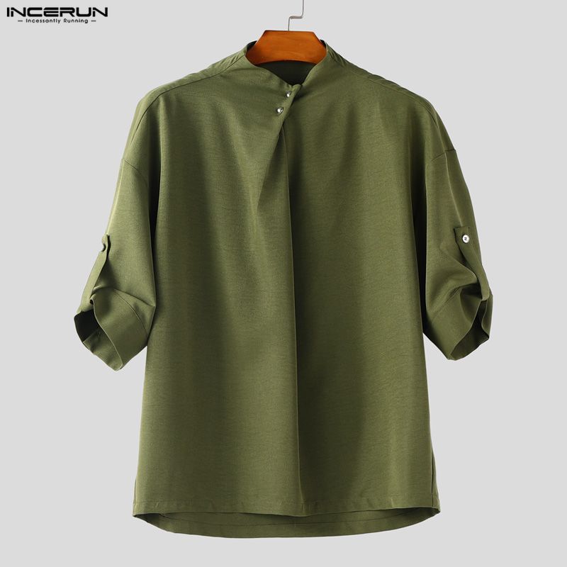 INCERUN Мужской костюм-двойка, рубашки с полурукавом и брюки с воротником-стойкой, повседневные свободные комплекты