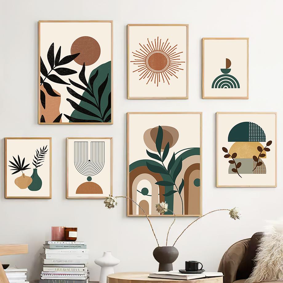 Бохо Геометрические фигуры Листья Солнце Постеры и принты Холст Картина Скандинавские абстрактные настенные картины Гостиная Домашний декор