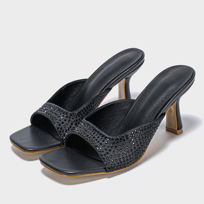 Eilyken КРИСТАЛЛ Бриллиант Квадратный Носок Женские Шлепанцы 2025 Лето Открытый Носок Низкий Каблук Вечеринка Платье Слайд Обувь