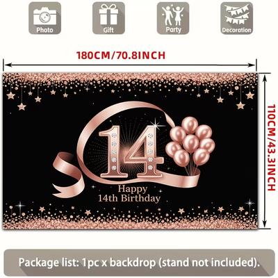 2D Elegant Black Rose Gold 14th Birthday Backdrop Banner Party Decoration