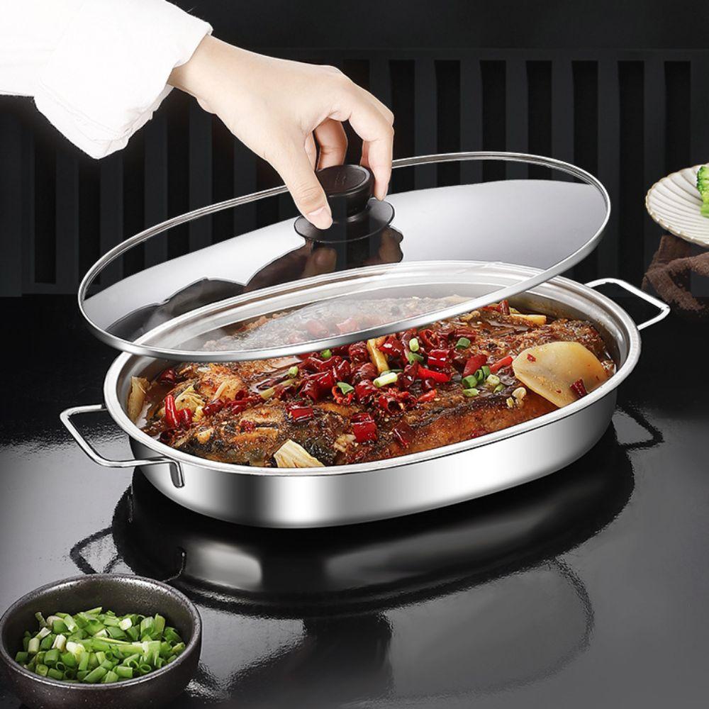 Stainless Steel Oval Grilled Fish Pan Deepened Hot Pot Multipurpose Barbecue Grill Pan Commercial