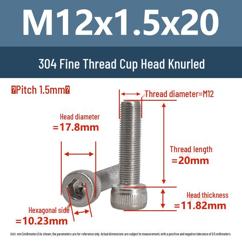Yigu Fine Thread Knurled Socket Head Screws, 304 Stainless Steel, M3-M12