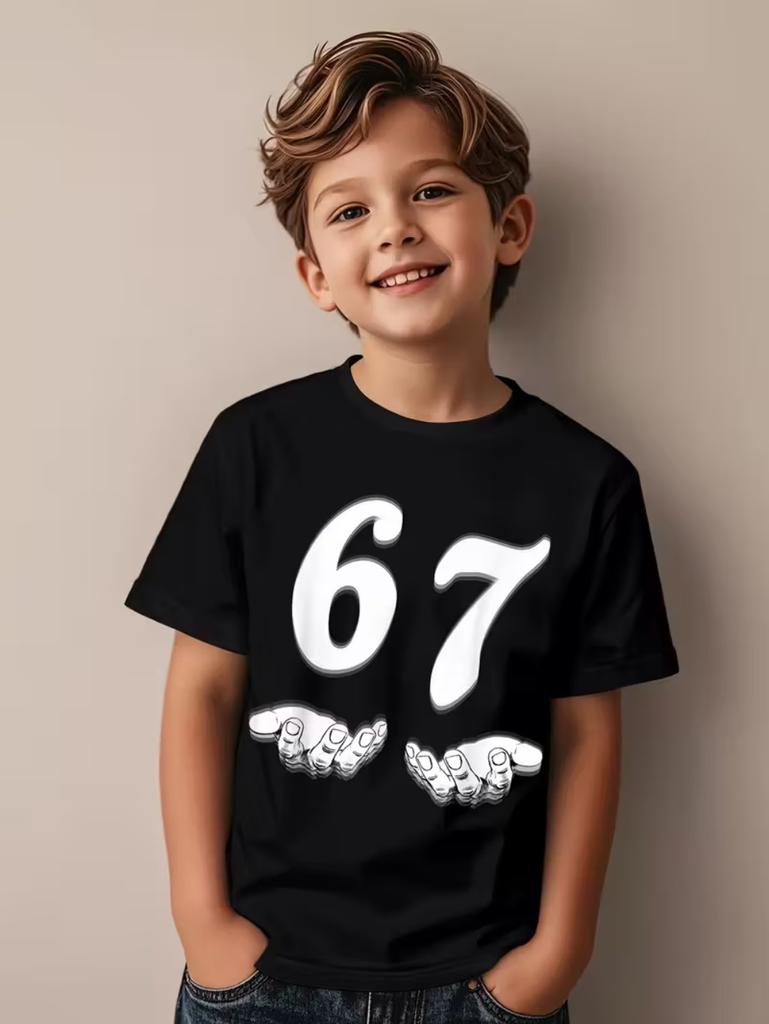67 Meme Graphic Tshirt Kids Funny Number Print Summer Short Sleeve Loose Streetwear Tops