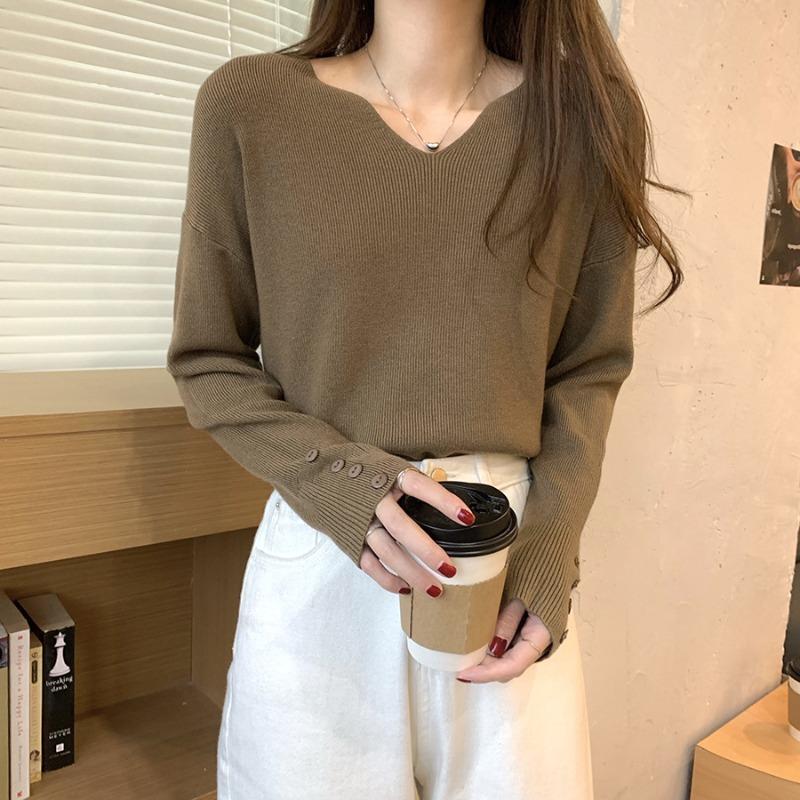 Temperament collar slack knitted sweater soft waxy sweater autumn and winter casual simple button long sleeve women's bottoming top