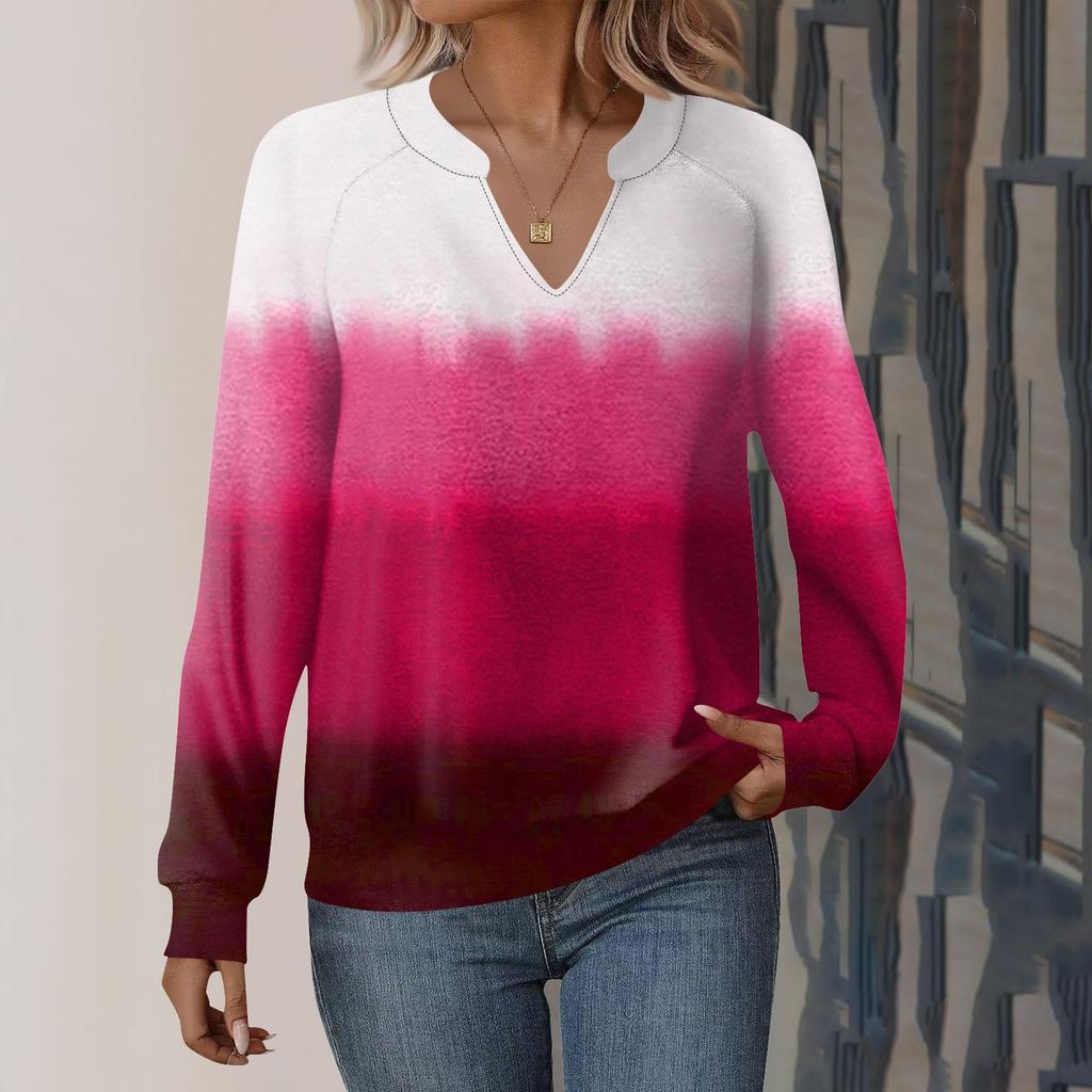 Женская повседневная толстовка с длинным рукавом и V-образным вырезом, свободный пуловер с градиентным принтом