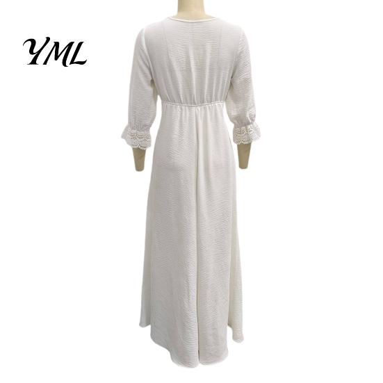 Versatile Commuter Dress Women V-Neck Lace for Fall, 3/4 Sleeves Maxi with V Neck Belt, Solid Color Loose Casual Long Vacation Daily Wear