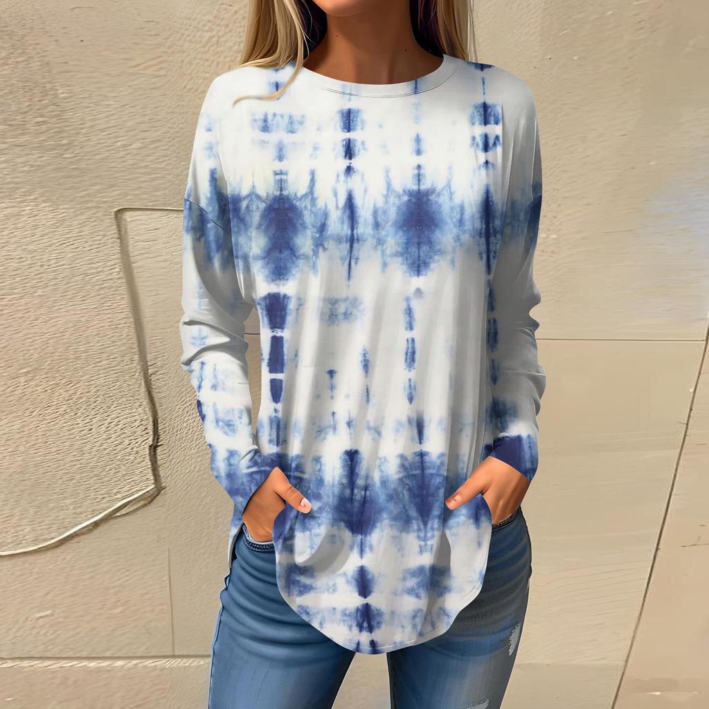 Tee Shirts For Women Fall Casual Long Sleeve Shirts Sweatshirt Geometric Stitching Printing Top Pullover