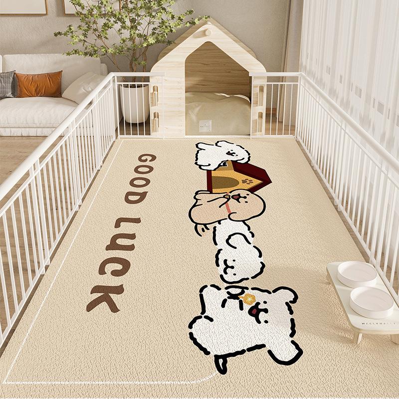 Beige Checkerboard Pet Mat with Cute Cartoon Dog Cat Print Non-Slip Dog Bed Mat Washable Pet Feeding Rug Bedroom Decor