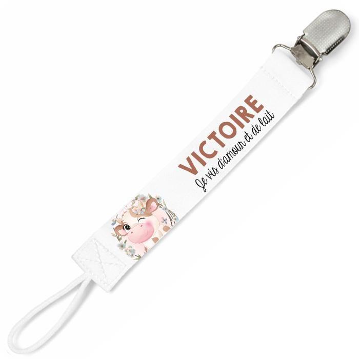 Planetee Attache tétine pour prénom VICTOIRE je vis d'amour et de lait Vache | Attache sucette cadeau naissance