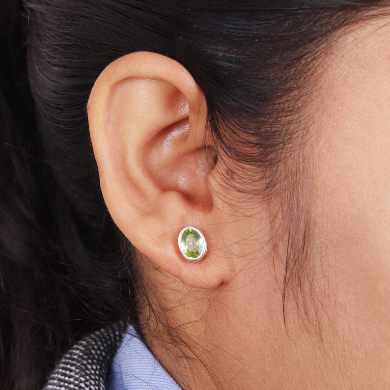 Solid 925 Sterling Silver Peridot Oval Gemstone Stud Earring Gift For Her Minimalist Earrings