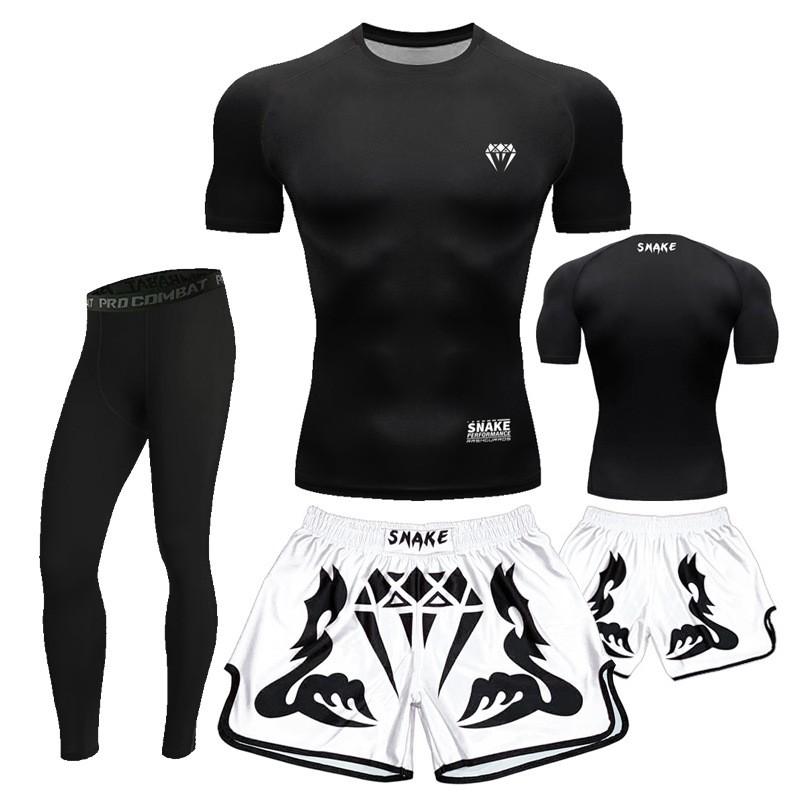 Mens Boxing Training Set Quick Dry Compression Top Shorts MMA Muay Thai Gym Workout