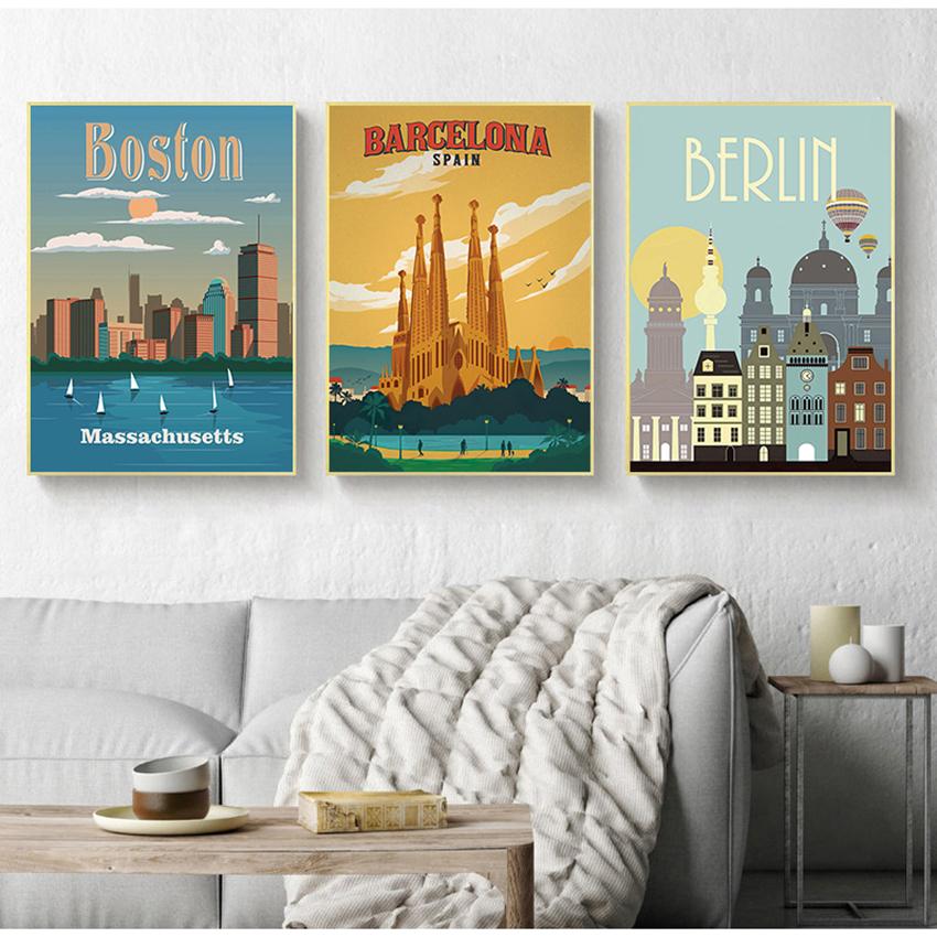 Пейзаж, холст, живопись, настенные картины, домашний декор, скандинавский винтажный постер с городами для путешествий, Нью-Йорк, Нидерланды, Амстердам, Лондон, без рамки