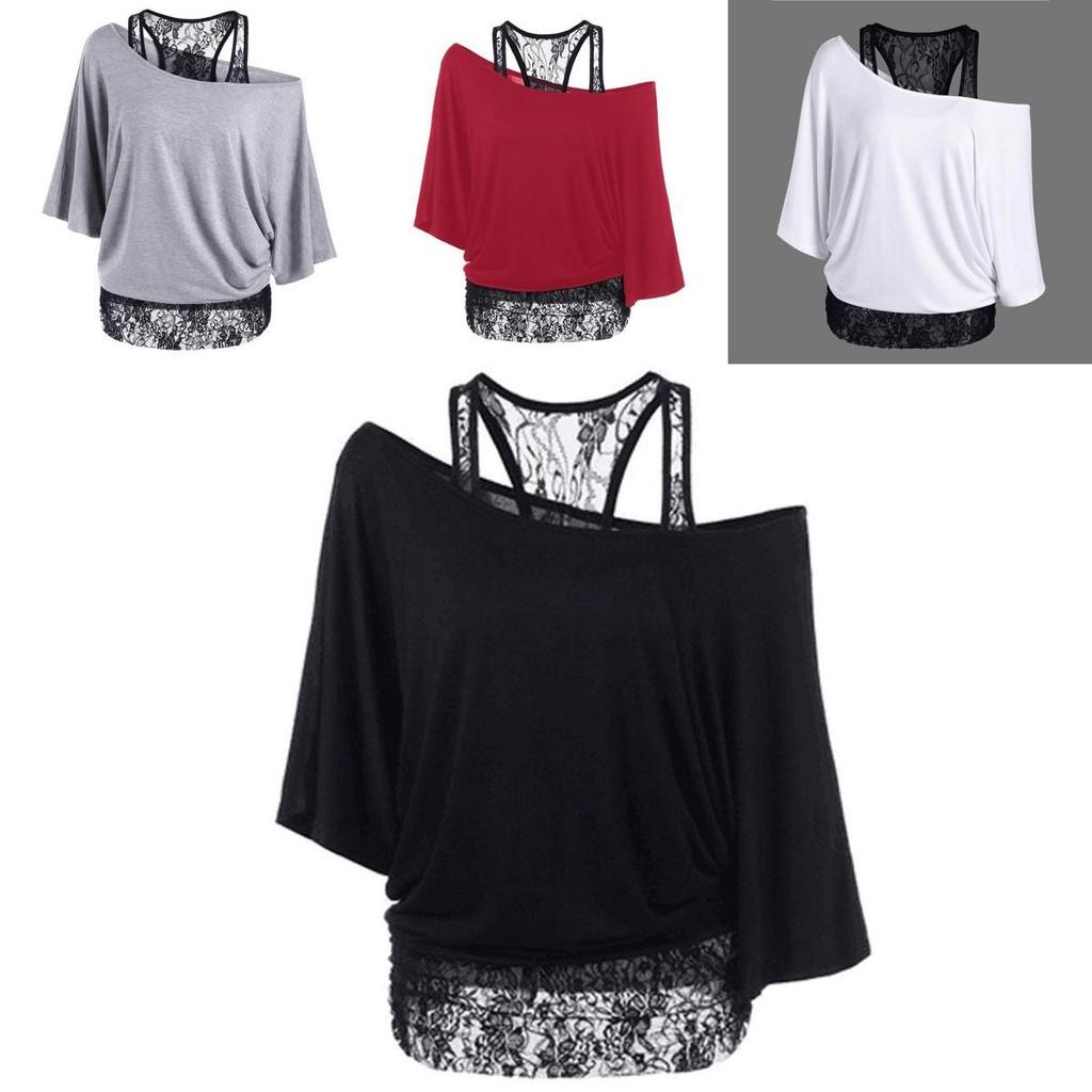 Size Women Plus Loose Vest Lace Stitching Oblique Collar Bat Tshirt Fashion