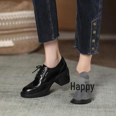 Женские черные ретро-броги на платформе — водонепроницаемые, со шнуровкой, толстая подошва, высокий каблук, декоративный дизайн, круглый носок