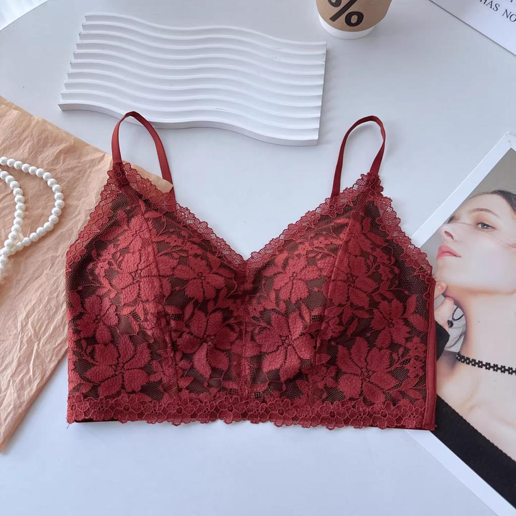 Sexy pure lace beautiful back chest wrap women's fixed cup gathering underwear without steel ring bra short suspender vest tide