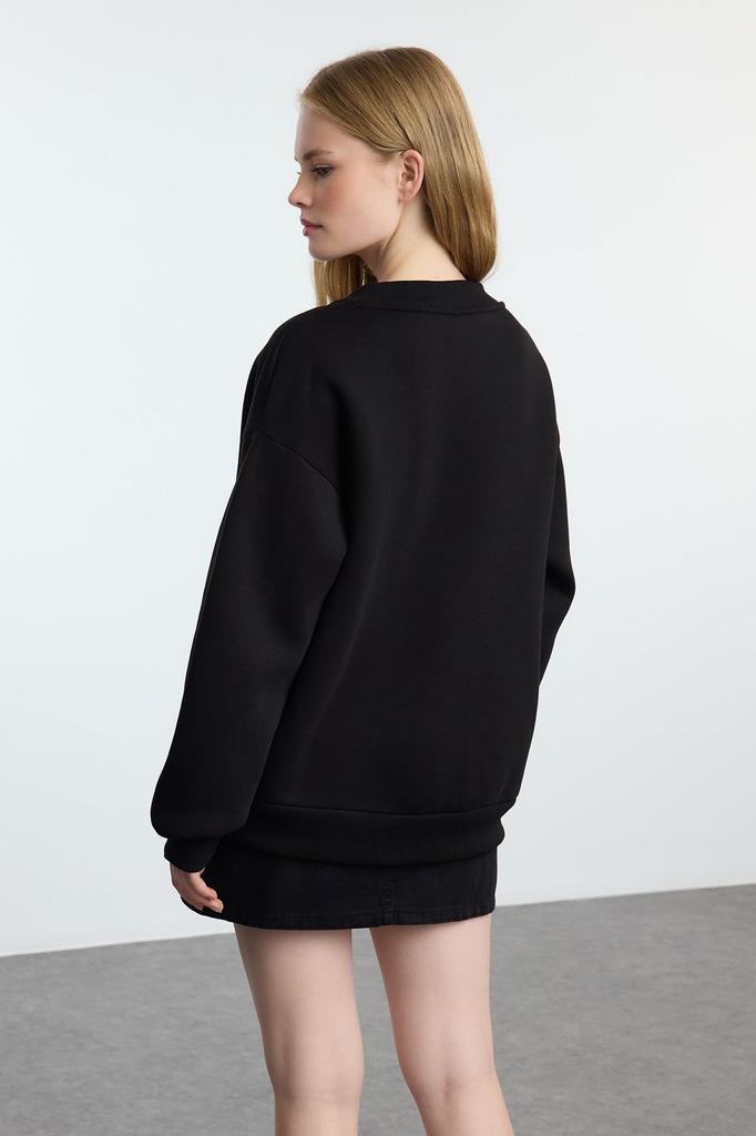 Женский модный стильный свитшот, черный базовый свитер оверсайз с v-образным вырезом, широкий крой, толстый флисовый вязаный свитшот внутри